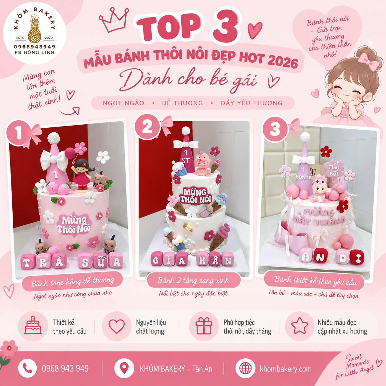 TOP 3 MẪU BÁNH THÔI NÔI ĐẸP HOT 2026 DÀNH CHO BÉ GÁI TẠI KHÓM BAKERY