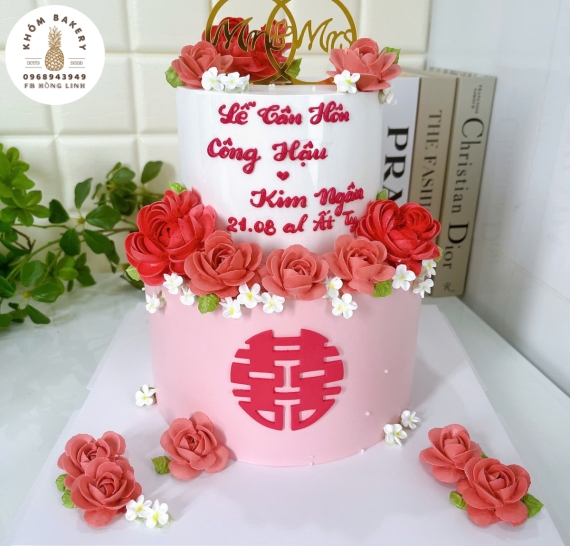 Bánh Kem Cưới làm theo yêu cầu tone đỏ 2 tầng