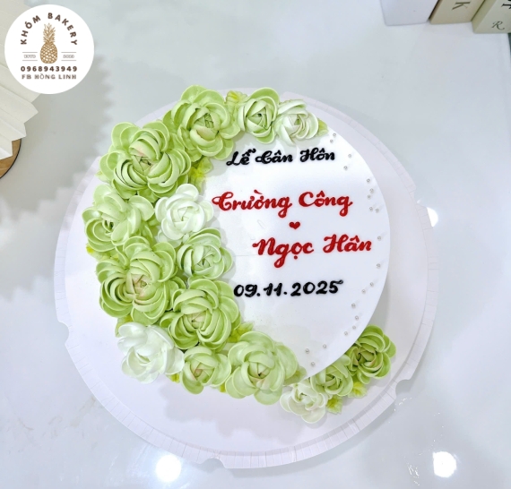 Bánh kem cưới tone xanh cây 1 Tầng tại Khóm Bakery