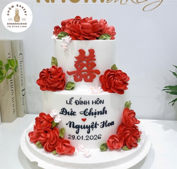 Bánh kem cưới 2 tầng  cao cấp kết hợp hoa tươi hot 2026 Long An