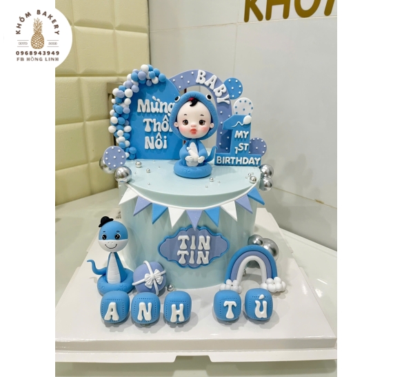 Bánh kem thôi nôi dành bé trai tuổi tỵ hot tone xanh dương 