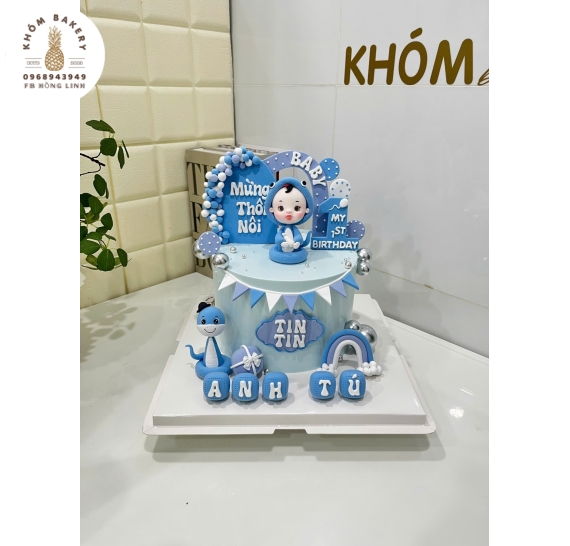 Bánh kem thôi nôi dành bé trai tuổi tỵ hot tone xanh dương 