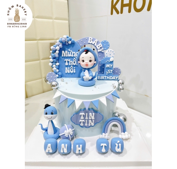Bánh kem thôi nôi dành bé trai tuổi tỵ hot tone xanh dương 