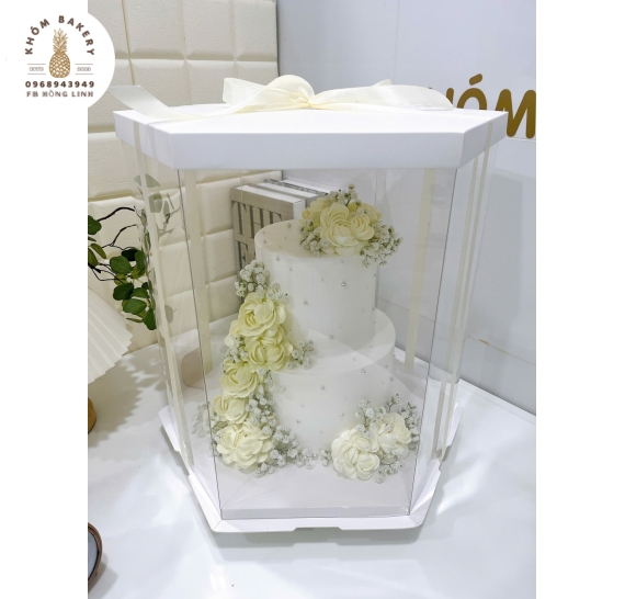 Mẫu bánh kem cưới đẹp cao cấp 2 tầng tone trắng 