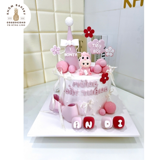 Bánh kem đầy tháng tone hồng mẫu bánh cao cấp 