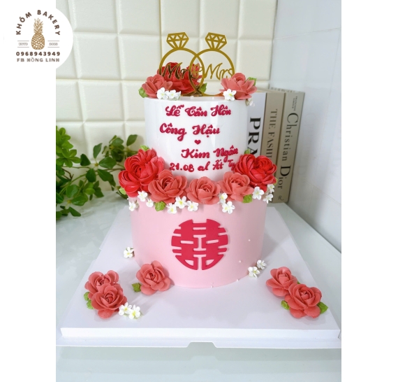 Bánh Kem Cưới làm theo yêu cầu tone đỏ 2 tầng