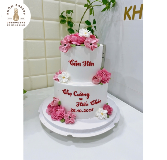Bánh Kem Cưới 2 tầng tone hồng trắng 
