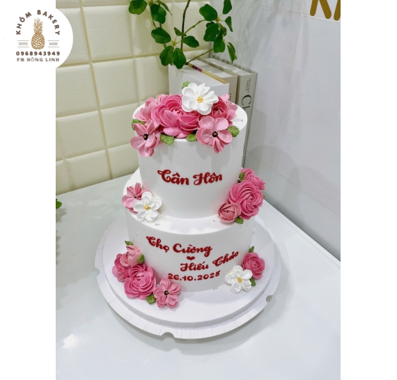 Bánh Kem Cưới 2 tầng tone hồng trắng 