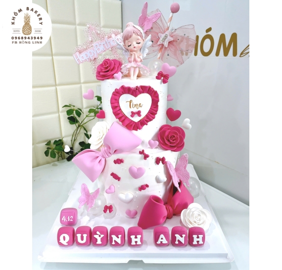 Bánh Kem thôi nôi đầy tháng dành cho bé gái 2 tầng tone hồng