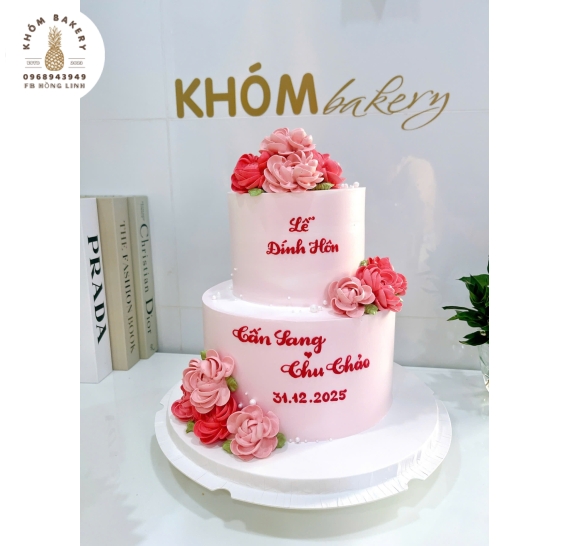 Bánh kem cưới 2 tầng tone hồng bản cao cấp