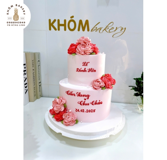 Bánh kem cưới 2 tầng tone hồng bản cao cấp