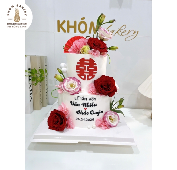 Bánh kem cưới 2 tầng  cao cấp kết hợp hoa tươi hot 2026