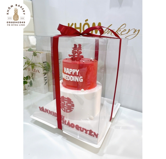 Bánh kem cưới 2 tầng  kết hợp giữa tone trắng tone đỏ
