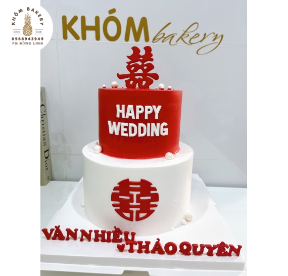Bánh kem cưới 2 tầng  kết hợp giữa tone trắng tone đỏ